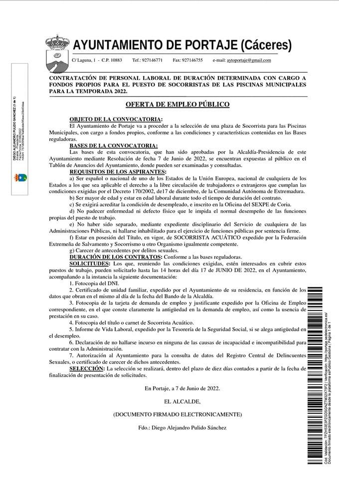 Imagen Empleo. Puesto de socorrista en las Piscinas Municipales de Portaje